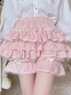 Short Lolita ample en dentelle à volants et pantalon Sweet Lolita rose