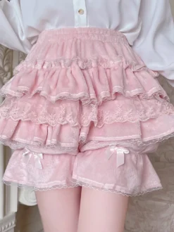 Short Lolita ample en dentelle à volants et pantalon Sweet Lolita rose
