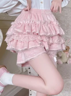 Short Lolita ample en dentelle à volants et pantalon Sweet Lolita rose