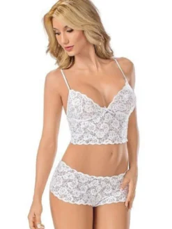 Sous-vêtements Deux Pièces en Dentelles Soutien-gorge Culottes avec Bretelles à Col Décolleté en V Creusants Transparentes Unicolore Sexy