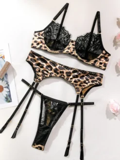Soutien-gorge culotte ensembles dentelle noire 3 pièces imprimé léopard lingerie sexy adulte