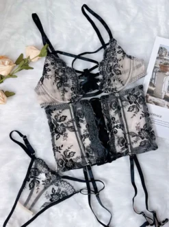 Soutien-Gorge Femme Sous-Vêtement Lingerie 3 Pièces Dentelle Bicolore Noir