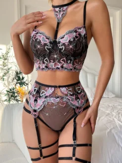 Soutien-Gorge Femme Sous-Vêtement Lingerie 3 Pièces Dentelle Bicolore Noir