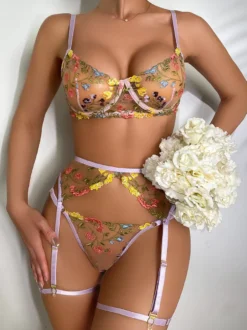 Soutiens-Gorge Lingerie Sous-Vêtement Femme Bleu Ciel Imprimé Fleuri Dentelle
