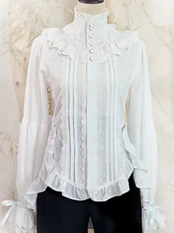 Steampunk Lolita Blouses Top Blanc Col Haut Dentelle Volant