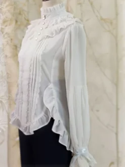 Steampunk Lolita Blouses Top Blanc Col Haut Dentelle Volant