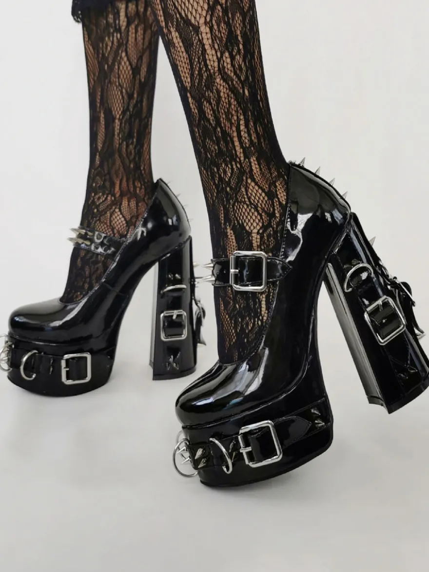 Style Punk Talons Hauts Noir Boucle Détail Rivets Talons Hauts