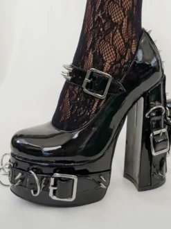 Style Punk Talons Hauts Noir Boucle Détail Rivets Talons Hauts