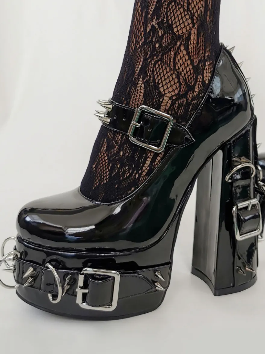 Style Punk Talons Hauts Noir Boucle Détail Rivets Talons Hauts