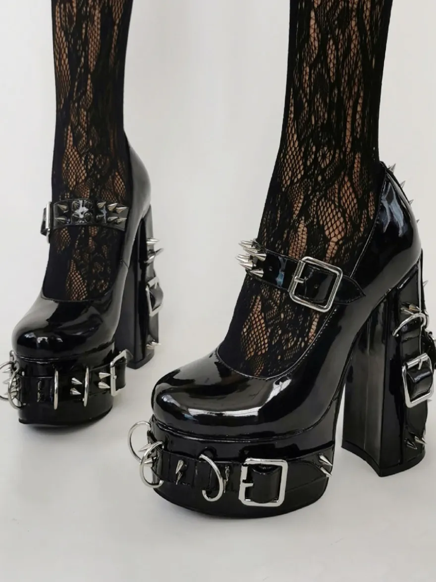 Style Punk Talons Hauts Noir Boucle Détail Rivets Talons Hauts