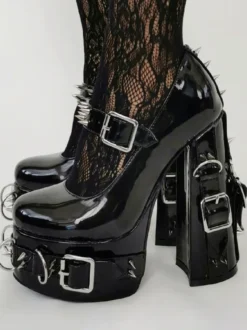 Style Punk Talons Hauts Noir Boucle Détail Rivets Talons Hauts