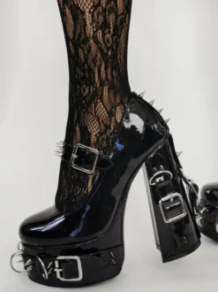 Style Punk Talons Hauts Noir Boucle Détail Rivets Talons Hauts
