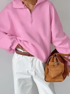 Sweat-shirt oversize à demi-zip col montant et épaules tombantes manches longues