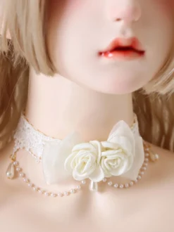 Sweet Lolita Accessoires Ecru White Pearls Rose Choker Divers