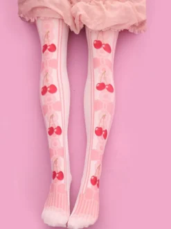 Sweet Lolita bas velours rose Lolita imprimé cerise chaussettes hautes Déguisements Halloween