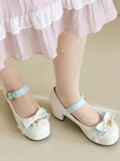 Sweet Lolita Footwear Escarpins Lolita à talons épais en cuir PU avec nœuds roses