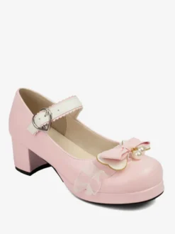 Sweet Lolita Footwear Escarpins Lolita à talons épais en cuir PU avec nœuds roses