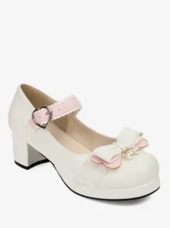 Sweet Lolita Footwear Escarpins Lolita à talons épais en cuir PU avec nœuds roses