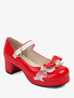 Sweet Lolita Footwear Escarpins Lolita à talons épais en cuir PU avec nœuds roses