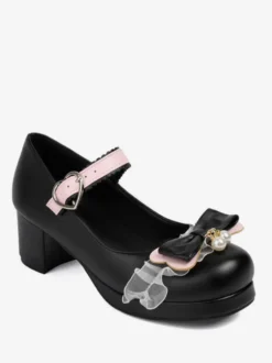 Sweet Lolita Footwear Escarpins Lolita à talons épais en cuir PU avec nœuds roses