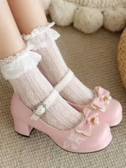 Sweet Lolita Footwear Escarpins Lolita à talons épais en cuir PU avec nœuds roses
