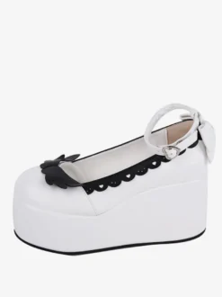 Sweet Lolita Footwear Escarpins Lolita en cuir PU à bout rond et papillon bicolore blanc