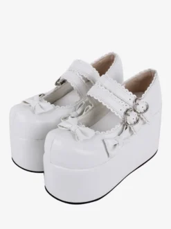 Sweet Lolita Footwear Escarpins Lolita en cuir PU à bout rond avec nœuds blancs