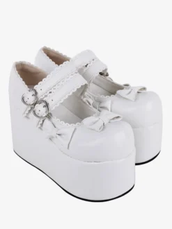 Sweet Lolita Footwear Escarpins Lolita en cuir PU à bout rond avec nœuds blancs
