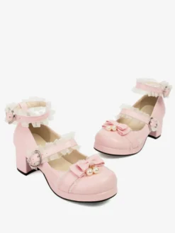 Sweet Lolita Footwear Escarpins Lolita en cuir PU à bout rond avec nœuds roses