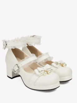Sweet Lolita Footwear Escarpins Lolita en cuir PU à bout rond avec nœuds roses