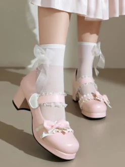 Sweet Lolita Footwear Escarpins Lolita à talons épais en cuir PU avec nœuds noirs