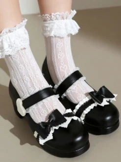 Sweet Lolita Footwear Escarpins Lolita à talons épais en cuir PU avec nœuds noirs