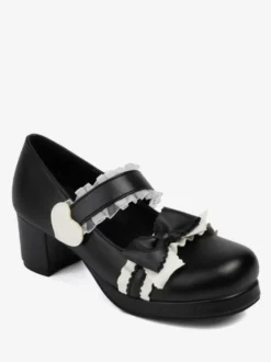 Sweet Lolita Footwear Escarpins Lolita à talons épais en cuir PU avec nœuds noirs