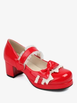 Sweet Lolita Footwear Escarpins Lolita à talons épais en cuir PU avec nœuds noirs