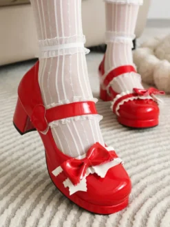 Sweet Lolita Footwear Escarpins Lolita à talons épais en cuir PU avec nœuds noirs