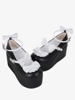 Sweet Lolita Footwear Escarpins Lolita à talons compensés en cuir PU bicolore avec papillon noir