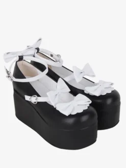 Sweet Lolita Footwear Escarpins Lolita à talons compensés en cuir PU bicolore avec papillon noir