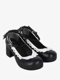 Sweet Lolita Footwear Escarpins Lolita à talons épais en cuir PU avec nœuds blancs