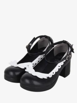 Sweet Lolita Footwear Escarpins Lolita à talons épais en cuir PU avec nœuds blancs