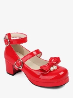 Sweet Lolita Footwear Escarpins Lolita en cuir PU à bout rond et nœuds noirs