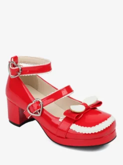 Sweet Lolita Footwear Escarpins Lolita à talons épais en cuir PU avec nœuds rouges