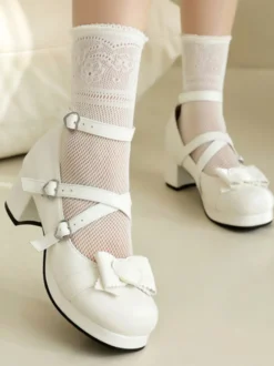 Sweet Lolita Footwear Escarpins Lolita en cuir PU à bout rond avec nœuds blancs