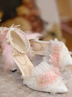Sweet Lolita Footwear Fleurs blanches Chaînes Volants PU Cuir Talon aiguille Escarpins Lolita