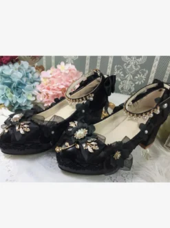 Sweet Lolita Footwear Perles blanches Chaînes Nœuds Bout pointu Escarpins Lolita en cuir PU