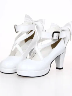 Talons hauts Chunky blanc Lolita Chaussures cheville sangle Bow Decor Déguisements Halloween