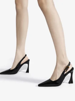 Talons slingback pour femmes boutons talon de forme spéciale chaussures habillées noires