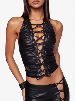 Tenue de club Top élégant col en V plissé sans manches en cuir PU épaule ouverte