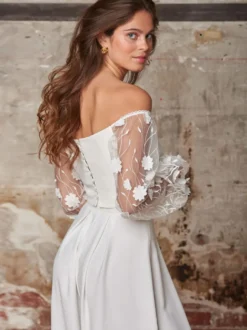 Tenue de mariage 2 pièces pour mariée Top manche longue en dentelle Pantalon droite