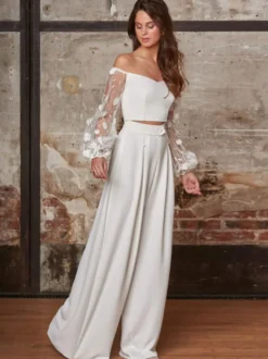 Tenue de mariage 2 pièces pour mariée Top manche longue en dentelle Pantalon droite