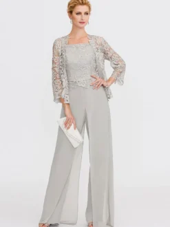 Tenue de mère de mariée 3 pièces combi-pantalon boléro gris claire